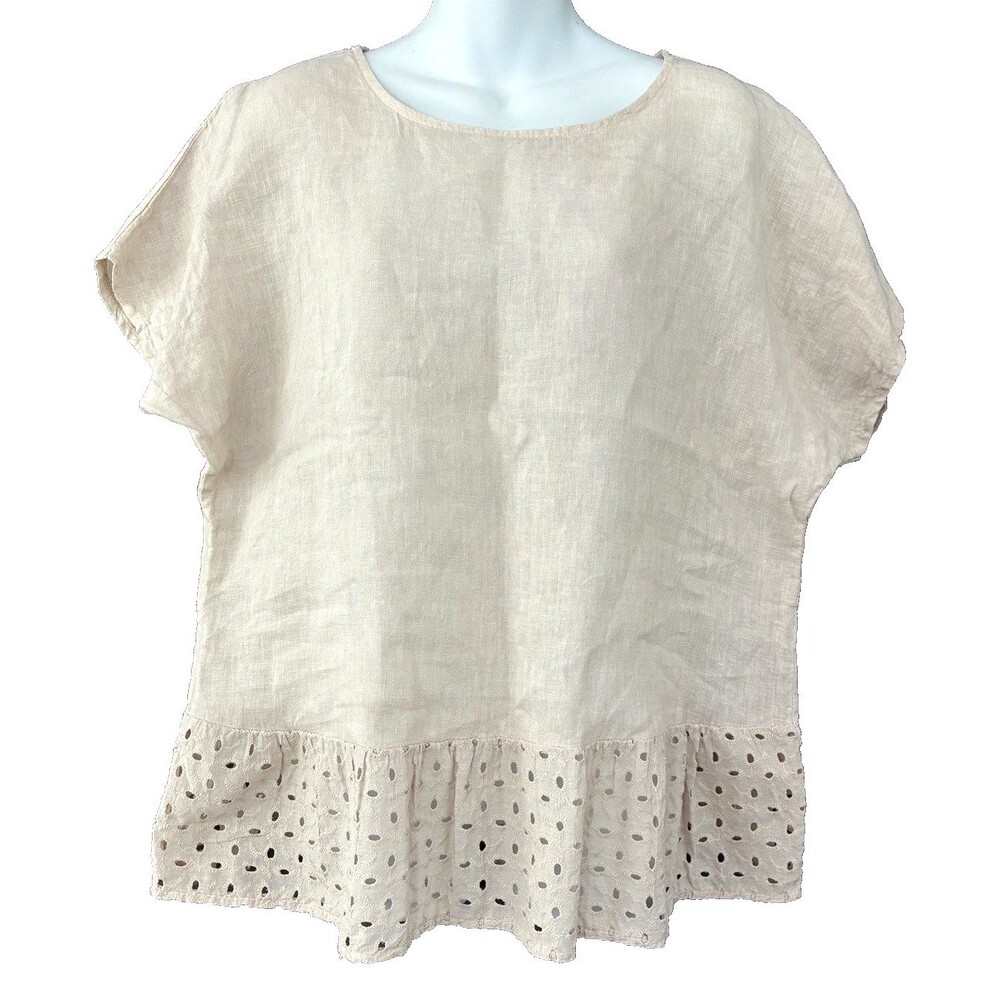 Spazio Chic Eyelet Peplum Linen Top Medium Natural Creamy Beige Italy Lagenlook